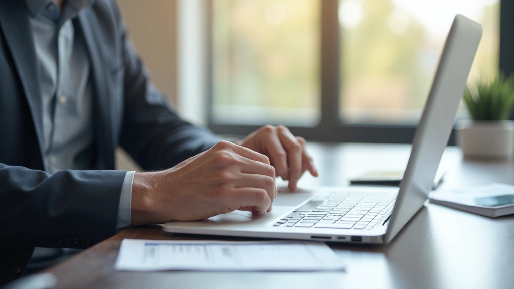 Professional home office workspace with laptop, planner, and financial documents on organized desk