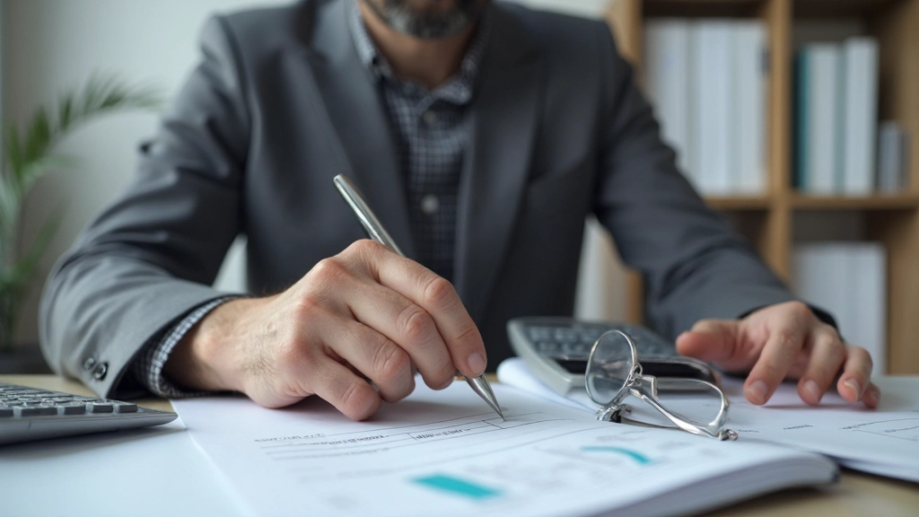 Professionele man die financiële planning documenten analyseert met concentratie aan bureau