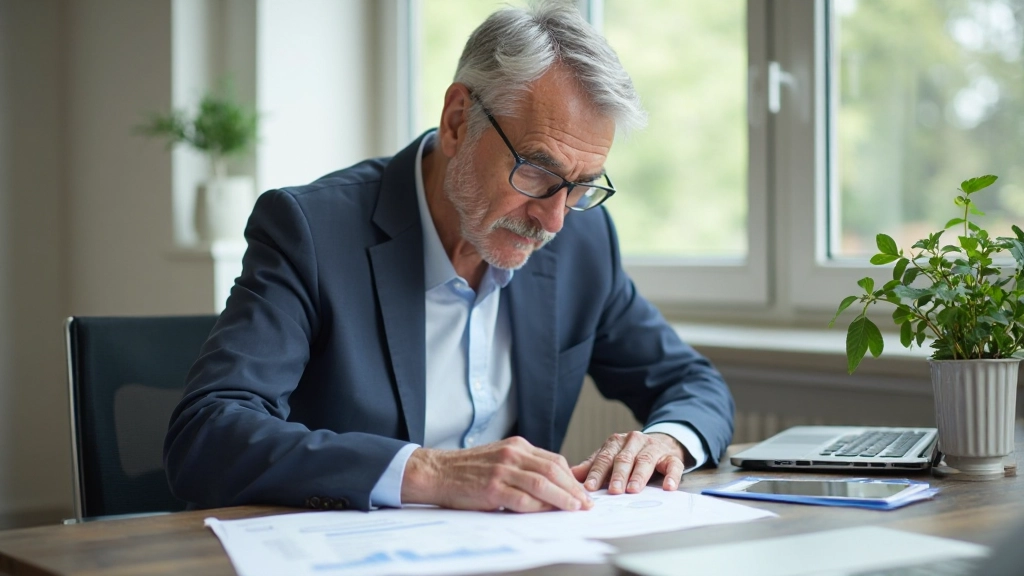 Mature professional reviewing retirement planning documents with advisor in quiet office setting