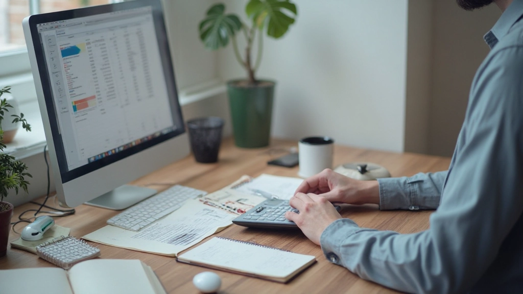 Person tracking budget with spreadsheet calculator and financial planning notebook