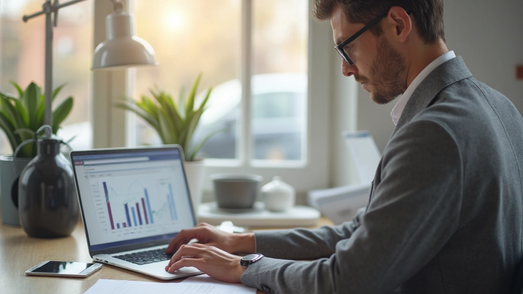 Jonge professional die digital budgetteren analyseert op laptop met grafieken