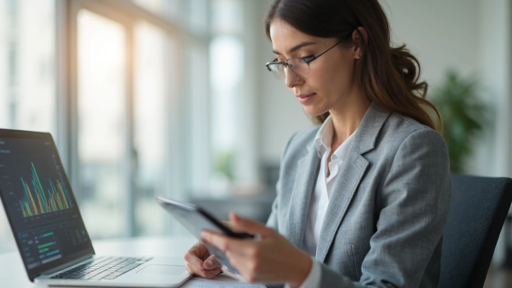 Jonge professionele vrouw die investeringsgrafieken en grafieken op tablet analyseert in helder kantoor